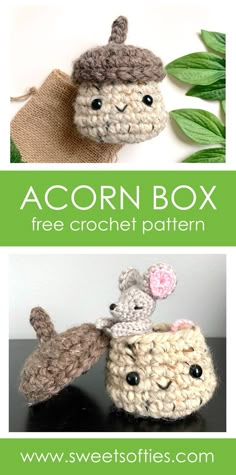 two crocheted items with the words acorn box free crochet pattern