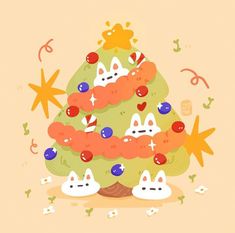 a christmas tree with cats and stars around it