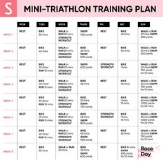 the mini - triathlon training plan is shown in black and white with pink accents