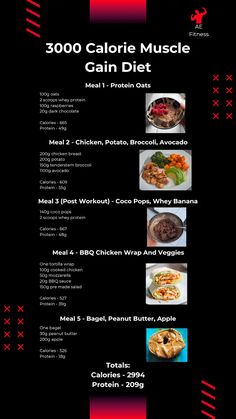 3000 Calorie Muscle Gain Diet 3000 Calories, Gym Diet Plan Build Muscle, Meal Plan For Muscle Gain, 4000 Calorie Meal Plan, Diet Plan For Muscle Gain, Bulking Foods For Mass Gain, Gaining Muscle Meal Plan, Gym Food Plan, Muscle Gain Meal Plan For Men