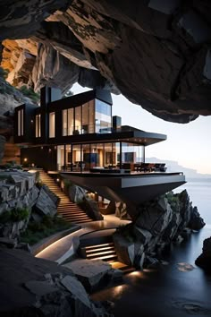 a house on the cliff with stairs leading up to it's upper level and water below