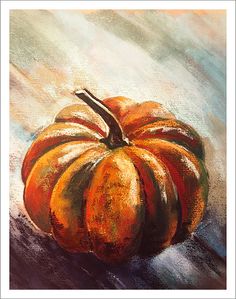 a painting of a pumpkin sitting on top of a table