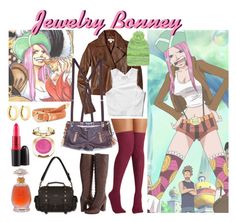 an image of a woman with pink hair and boots in front of her is the words jewelry bouncy