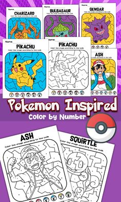 pokemon inspired color by number worksheet for kids to learn how to draw and paint