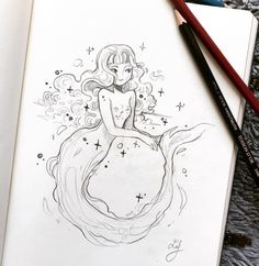 a pencil drawing of a mermaid sitting on top of a wave with stars and bubbles