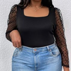 Never Worn Shein Plus Polka Dot Mesh Puff Sleeve Square Neck Bodysuit Size: 12 (0xl) Fabric: 95% Polyester, 5% Elastane Plus Size Summer Tops, Square Neck Bodysuit, Shein Tops, Summer Tops, Dress Collection, Square Neck, Puff Sleeve, Polka Dot, Summer Outfits