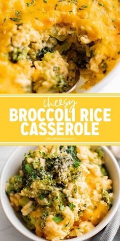 broccoli rice casserole in a white bowl with a spoon