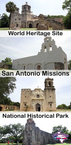 the history of san antonio's mission park is shown in four different pictures, including an old church and ruins