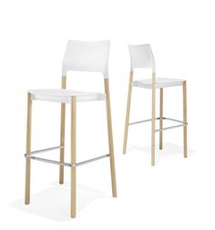 two white stools sitting next to each other on a white surface with wooden legs