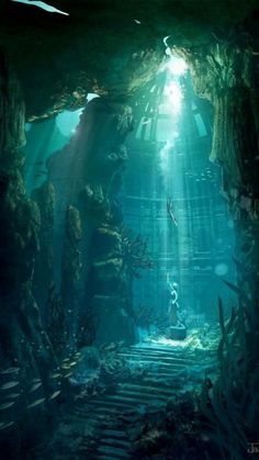 an underwater cave with stairs leading into the water and light coming from it's ceiling