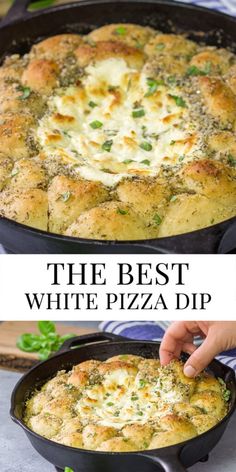 the best white pizza dip is in a cast iron skillet and it's ready to be eaten