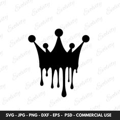 a black and white image of a crown with dripping paint on it, that says svg