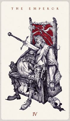 the emperor tarot card with an image of a man sitting in a chair holding two swords