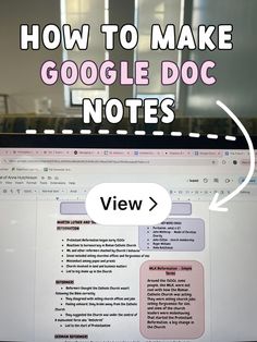 a computer screen with the words how to make google doc notes on it and an arrow pointing