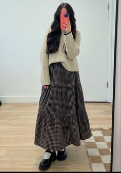 Black Gingham Dress Outfit Fall, Style Long Skirt Winter, Cozy Church Outfit Winter, Gingham Skirt Outfit Winter, Gingham Skirt Outfit Fall, Checkered Dress Outfit Winter, Winter Farmers Market Outfit, Big Sweater And Skirt Outfit