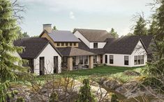 this is an artist's rendering of a house in the woods with rocks and grass