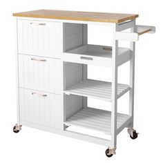 a white kitchen cart with drawers on wheels