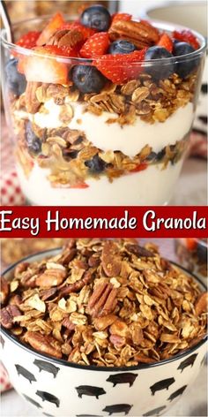 an easy homemade granola recipe with yogurt, berries and pecans in a bowl