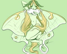 a drawing of a woman sitting on top of a giant green butterfly with long blonde hair