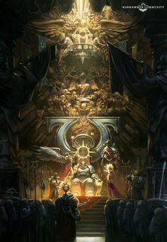 an image of a man standing in front of a giant golden throne with angels on it