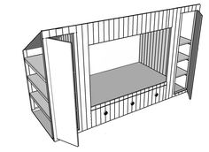 a drawing of a cabinet with shelves and cupboards on the bottom, side by side