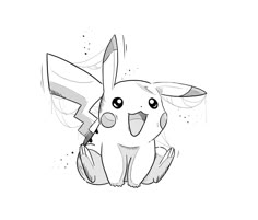 a black and white drawing of a pikachu sitting on the ground with a knife in it's mouth