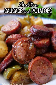 sausage and potatoes on a plate with text overlay