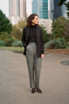 Dress With Blazer Formal, Buisness Attire, Black Japanese, Grey Slacks, Black Wool Blazer, Front Tuck, Masculine Style, Grey Herringbone, Boyfriend Blazer