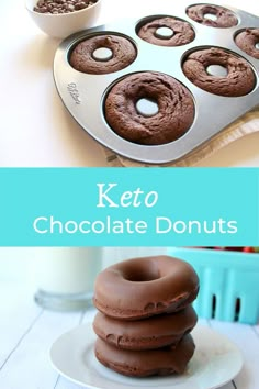 chocolate donuts stacked on top of each other in front of a cupcake pan