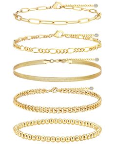 PRICES MAY VARY. 【Not Tarnish Gold Anklet】14K gold plated over brass,never faded,nickel free, hypoallergenic and NOT tarnish， wont your wear it everyday though, even in the shower or wear socks and shoes. 【5 Separate Layered Ankle Bracelet】It comes five separate chains, and various chain styles are available for you to choose. Including cuban chain/paperclip link chain/mirror chain/figaro chain/chunky cuban chain. You can combine and match them at will. 【Adjustable bracelets】These gold ankle bra Everyday Yellow Gold Cuban Link Bracelet With Adjustable Chain, Yellow Gold Cuban Link Bracelet With Adjustable Chain, Yellow Gold Adjustable Chain Anklets As Gift, Gold Adjustable Chain Anklet For Beach, Elegant Adjustable 14k Gold-filled Anklets, Gold Jewelry Gift, Gold Bracelet Set, Gold Jewelry Sets, Gold Anklet