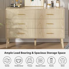 a white dresser with gold handles and knobs on it's sides is featured in this ad