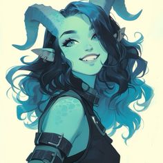 a drawing of a woman with horns on her head and blue hair, smiling at the camera