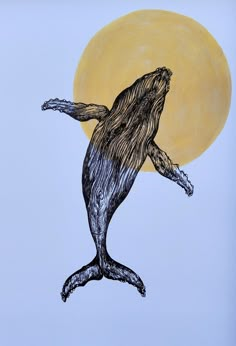 a drawing of a whale jumping in front of the moon with it's mouth open