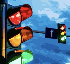 a digital painting of traffic lights and street signs on a pole with blue sky in the background