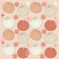 an image of pumpkins and flowers on a pink background