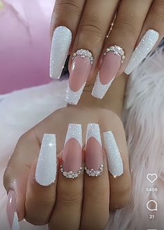 Wedding Nails For Bride White Tip, Bride Acrylic Nails, Luxury Nails Design Rhinestones, Matte And Glitter Nails, Fancy Wedding Nails, Nail Gem Designs Simple Rhinestones, Awesome Nails, Nails Design With Rhinestones, White Acrylic Nails