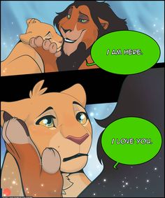 a comic strip with two lions talking to each other and one saying i am here