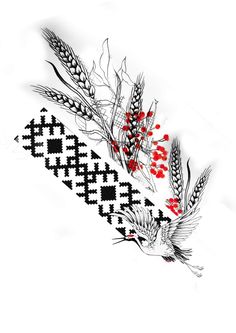 an artistic tattoo design with red flowers and birds on it's back side, in black and white