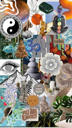 a collage with many different items and symbols on it, including an eyeball