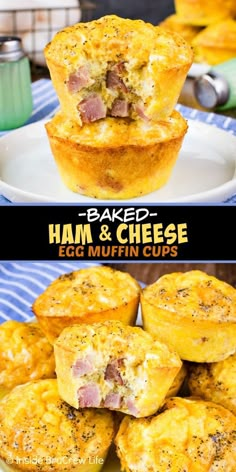 ham and cheese egg muffin cups on a plate with the title in the middle