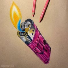 a pencil drawing of a pink lighter with flames coming out of it and two colored pencils next to it