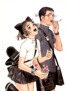 an image of a man and woman with candy in their mouth while they are looking at each other