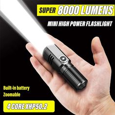 a hand holding a flashlight in it's palm with the text super 800 lumens mini high power flash light