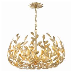 a gold chandelier with leaves hanging from it's center point, on a white background