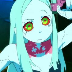 an anime character with green eyes and pink hair holding up a camera in front of her face