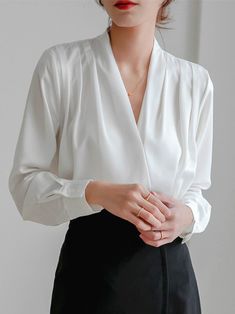 #ad Great shopping ideas for White Long Sleeve Women's Shirt Silk V-neck French Design Women' Summer Blouses, Fashion Tops Satin Shirts For Women, Satijnen Blouses, Satin Clothing, White Silk Blouse, Casual Office Wear, Ivory Silk, Elegant Blouses, Satin Shirt, Satin Blouse