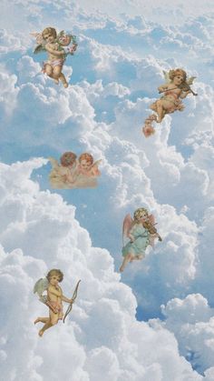 several cherubs floating in the sky above clouds