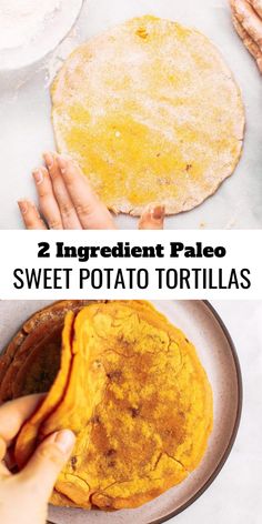 two ingredient paleo sweet potato tortillas on a plate with hands reaching for one