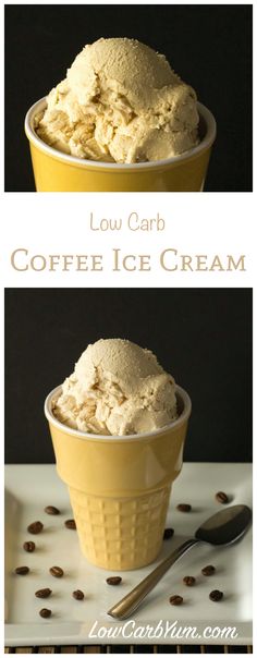 low carb coffee ice cream in a yellow bowl