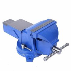 a blue bench vise on a white background with the viset in front of it